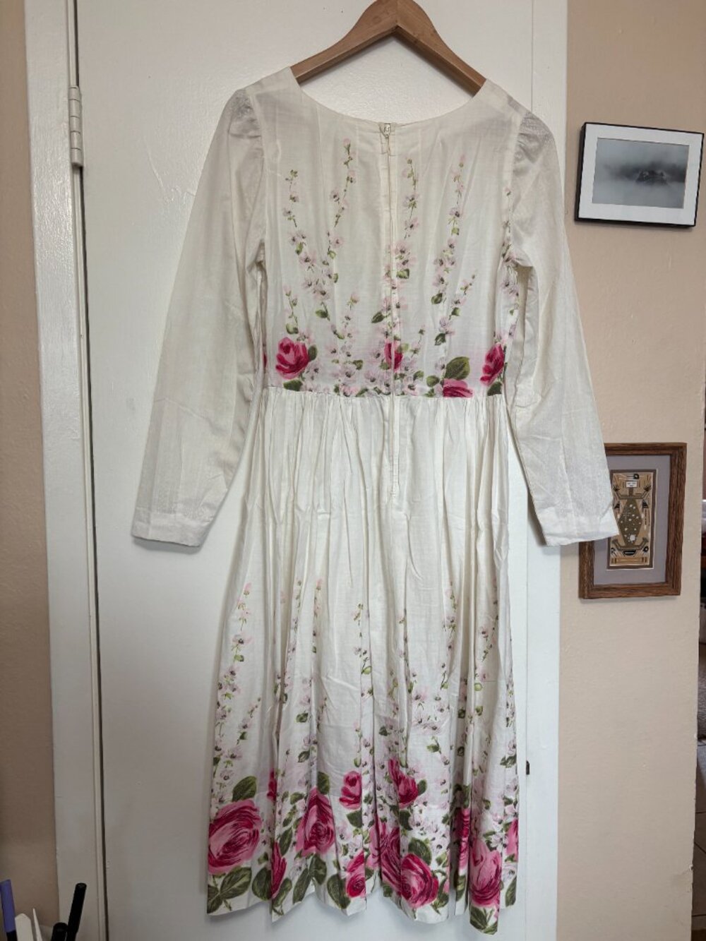 Vintage Pink Roses Floral Long Sleeve Midi Dress - Picture 3 of 8